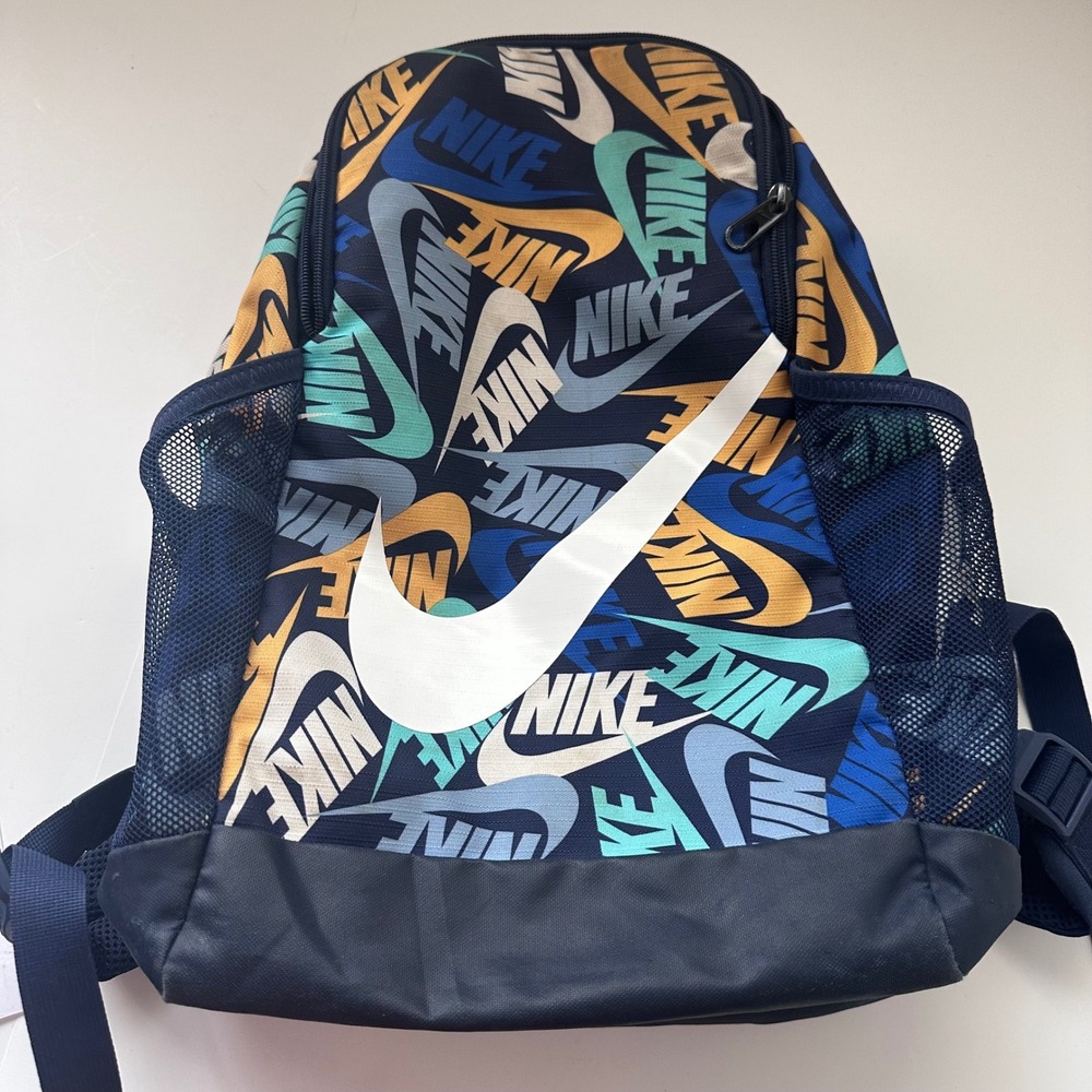 Nike Backpack Navy Multi Color Logo All Over Print Swoosh Elemental School Bag